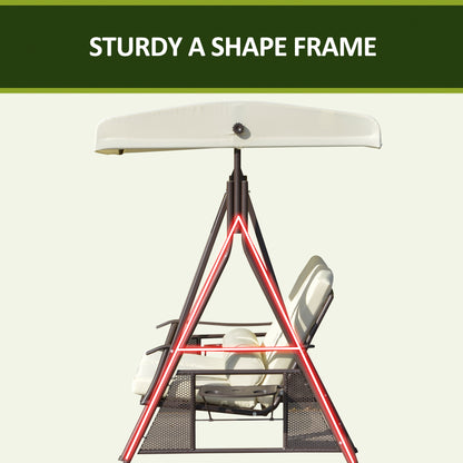 2-Person Patio Swing Bench with Adjustable Shade Canopy, Soft Cushions, Throw Pillows and Tray, Beige.