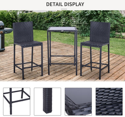 Wicker Bar Set, 3-Piece Outdoor Counter Height With Glass Top Table & Stools, All-Weather - Black