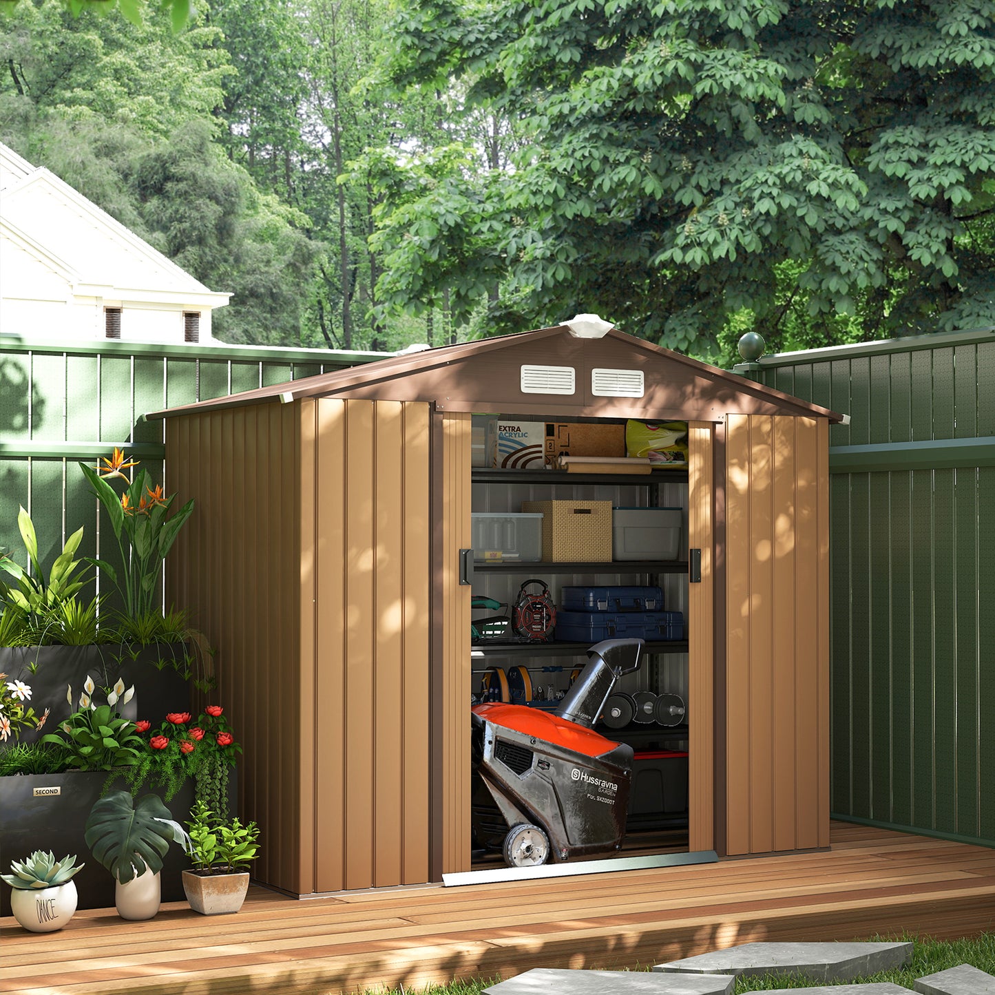 7 X 4ft Lockable Metal Garden Tool Storage Shed, Outdoor Storage Shed With Foundation And Vents, Light Brown
