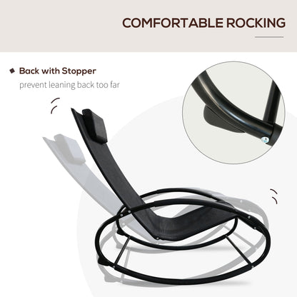 Patio Rocking Chair, Outdoor Chaise Lounger With Headrest Pillow And Breathable Fabric For Backyard, Living Room, Deck And Poolside, Black