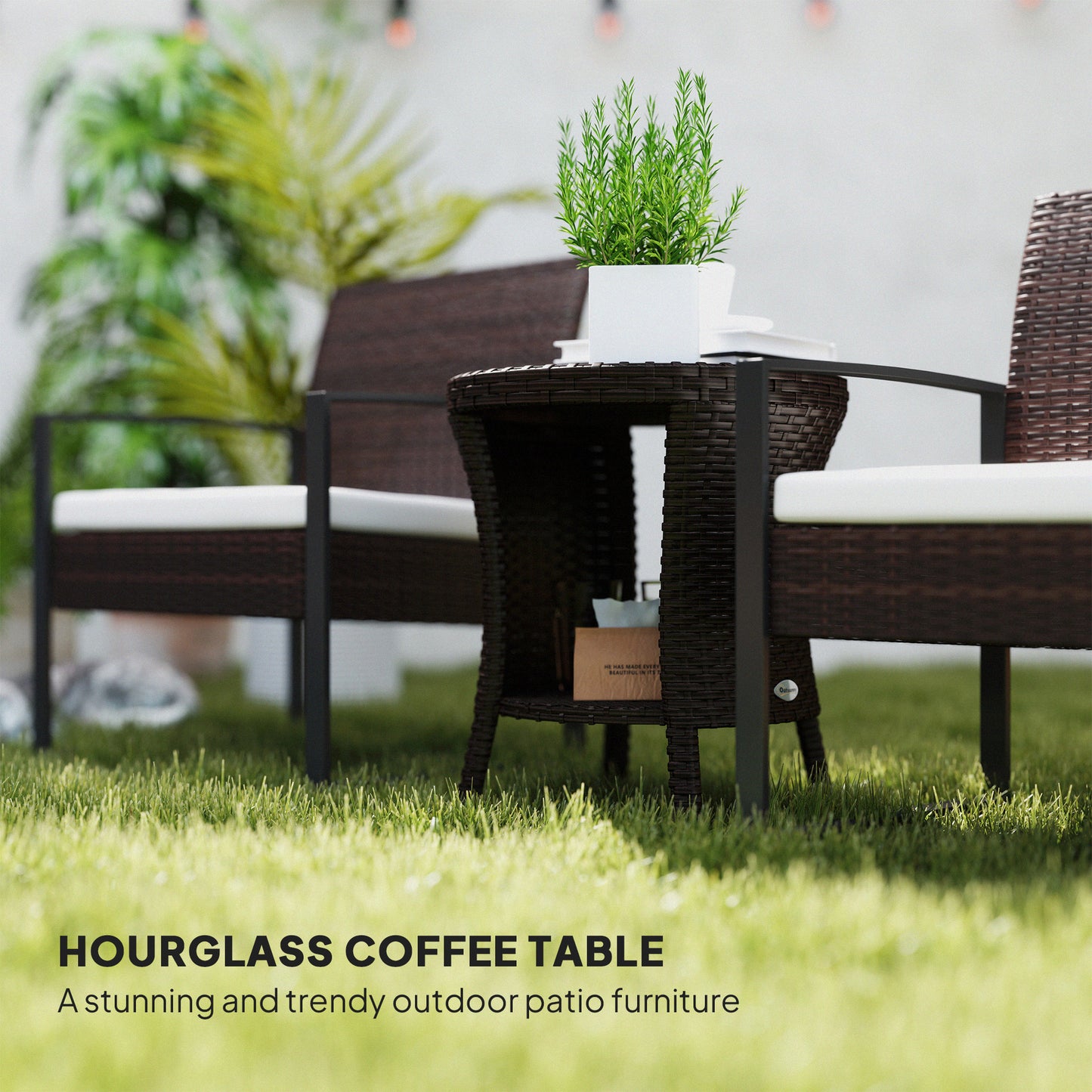 18 Wicker Outdoor Coffee Table, PE Rattan Patio Side Table With 2-Tier Storage, Composite Wood Top, Mixed Brown