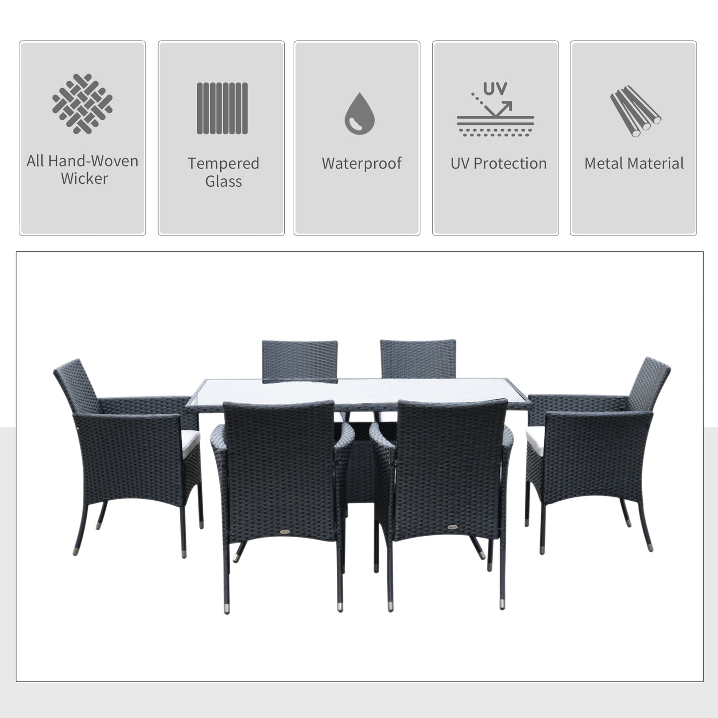 6 Seater Rattan Dining Set With Cushions, Rattan Garden Furniture Set With 6 Armchairs, Rectangular Glass Top Table, Outdoor Dining Table And Chairs, Black