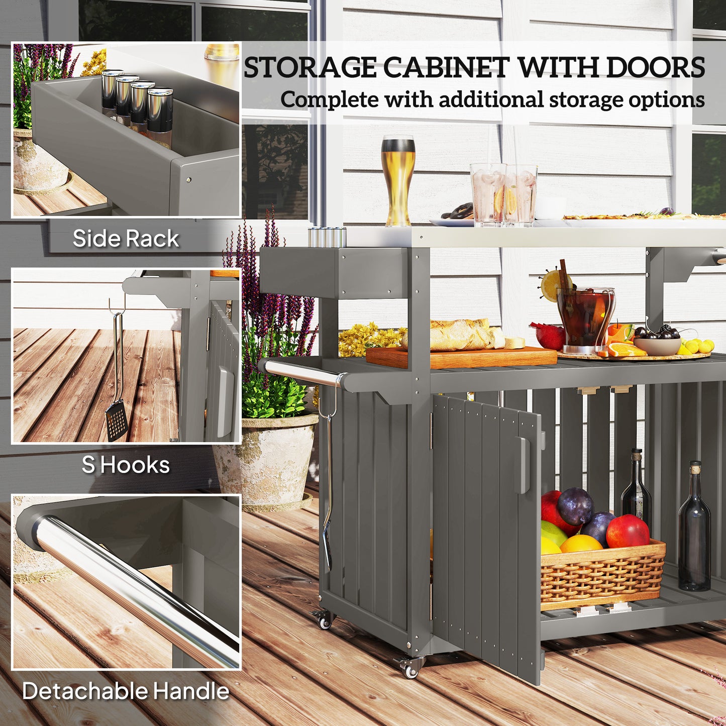Outdoor Bar Cart With Storage, Stainless Steel Outdoor Bar Table Top, Wheeled HDPE Kitchen Island For Food Prep, Gray