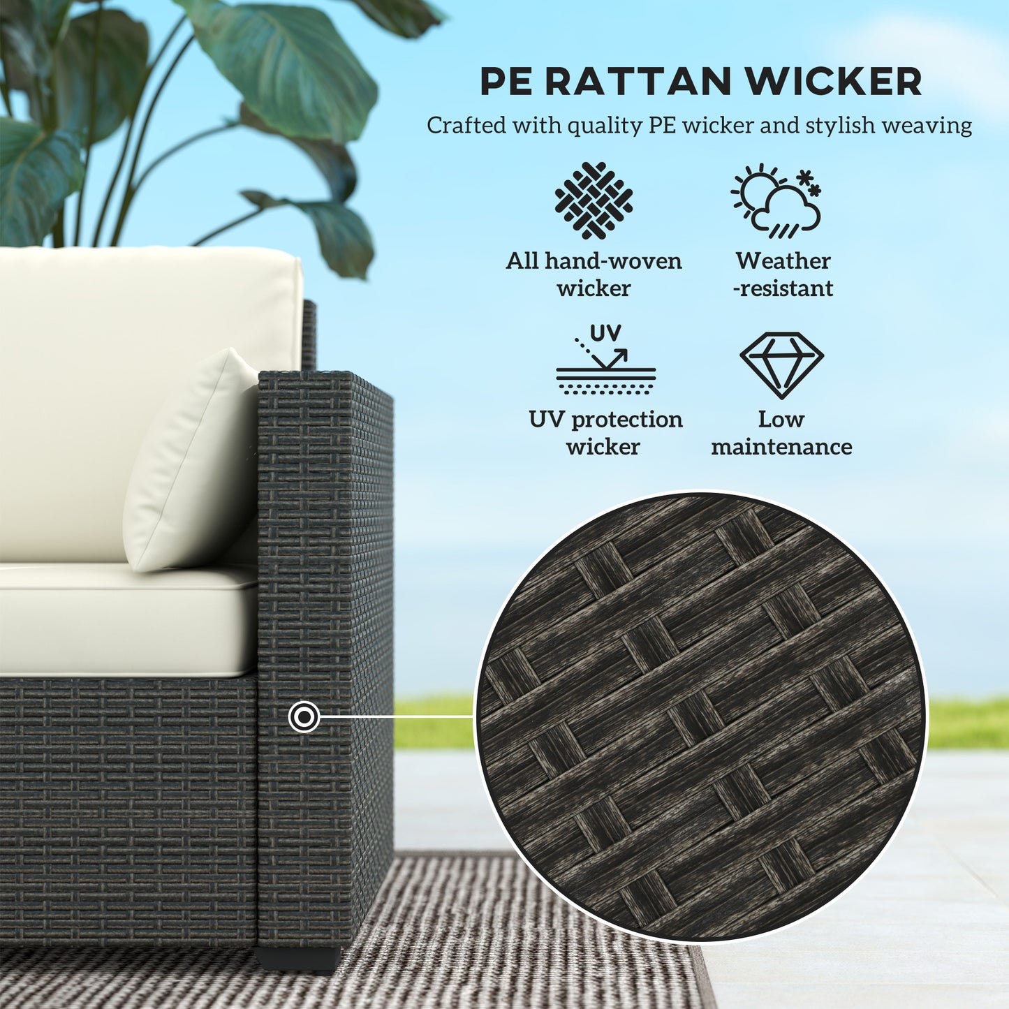 Patio Couch PE Wicker Deep Seating Outdoor Sofa With Removable Cushions, 3 Seater Rattan Sofa, Outdoor Furniture For Balcony, Deck, Garden And Poolside, Cream White
