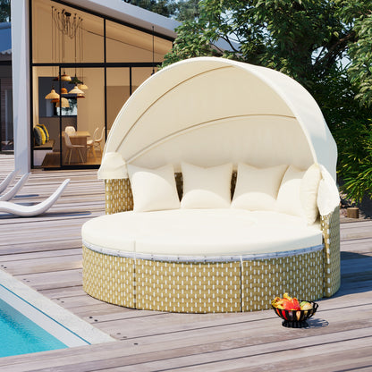 TOPMAX Patio Furniture Round Outdoor Sectional Sofa Set Rattan Daybed Two-Tone Weave Sunbed With Retractable Canopy, Separate Seating And Removable Cushion, Beige