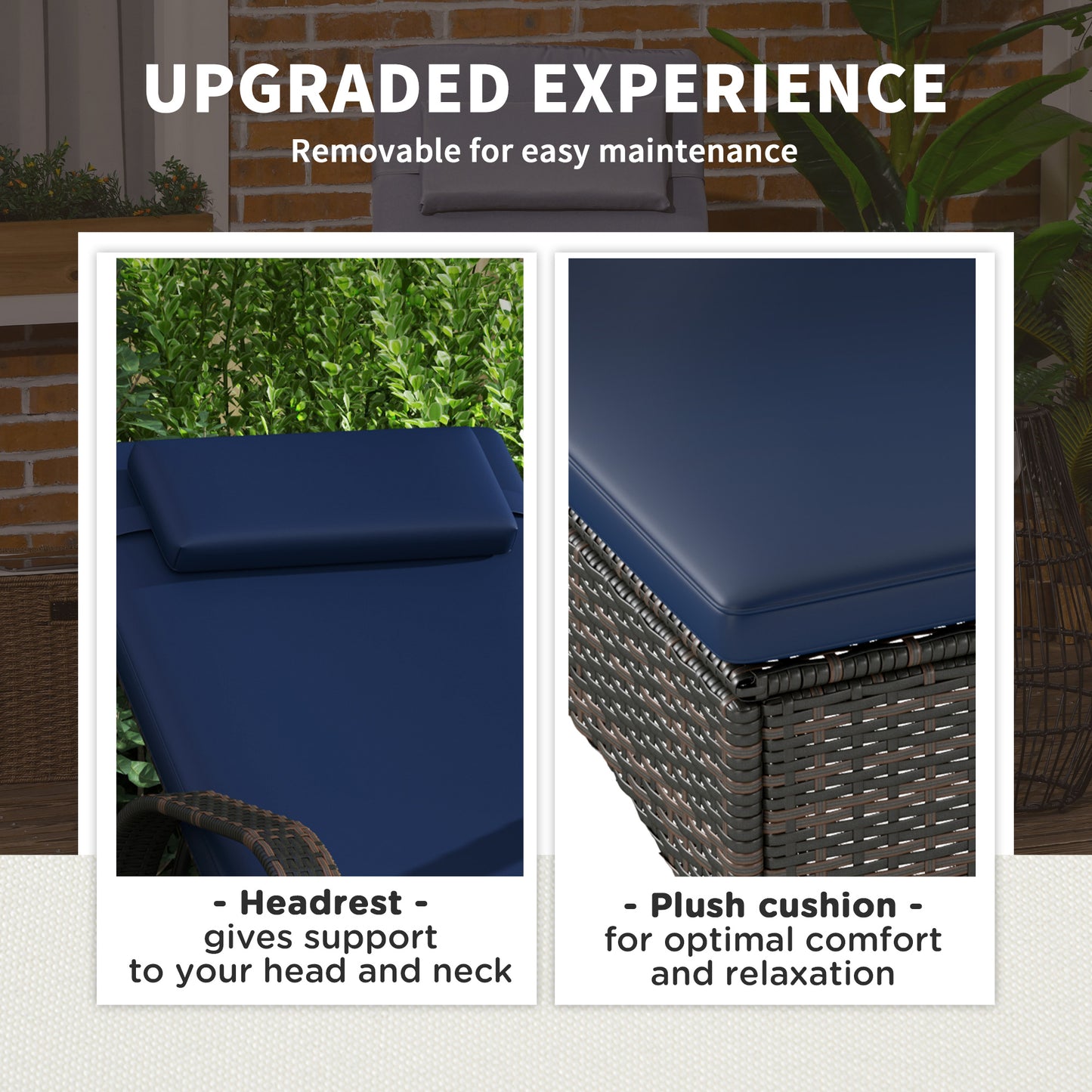 2 Reclining Chaise Lounge Chairs, Rolling Outdoor Chairs With Cushion, Pillow, Headrest, Armrests, And Wheels, Dark Blue