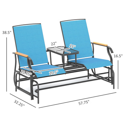Outdoor 2-Person Glider Bench, Outside Glider Swing Chair Loveseat With Table, Steel Frame, Blue