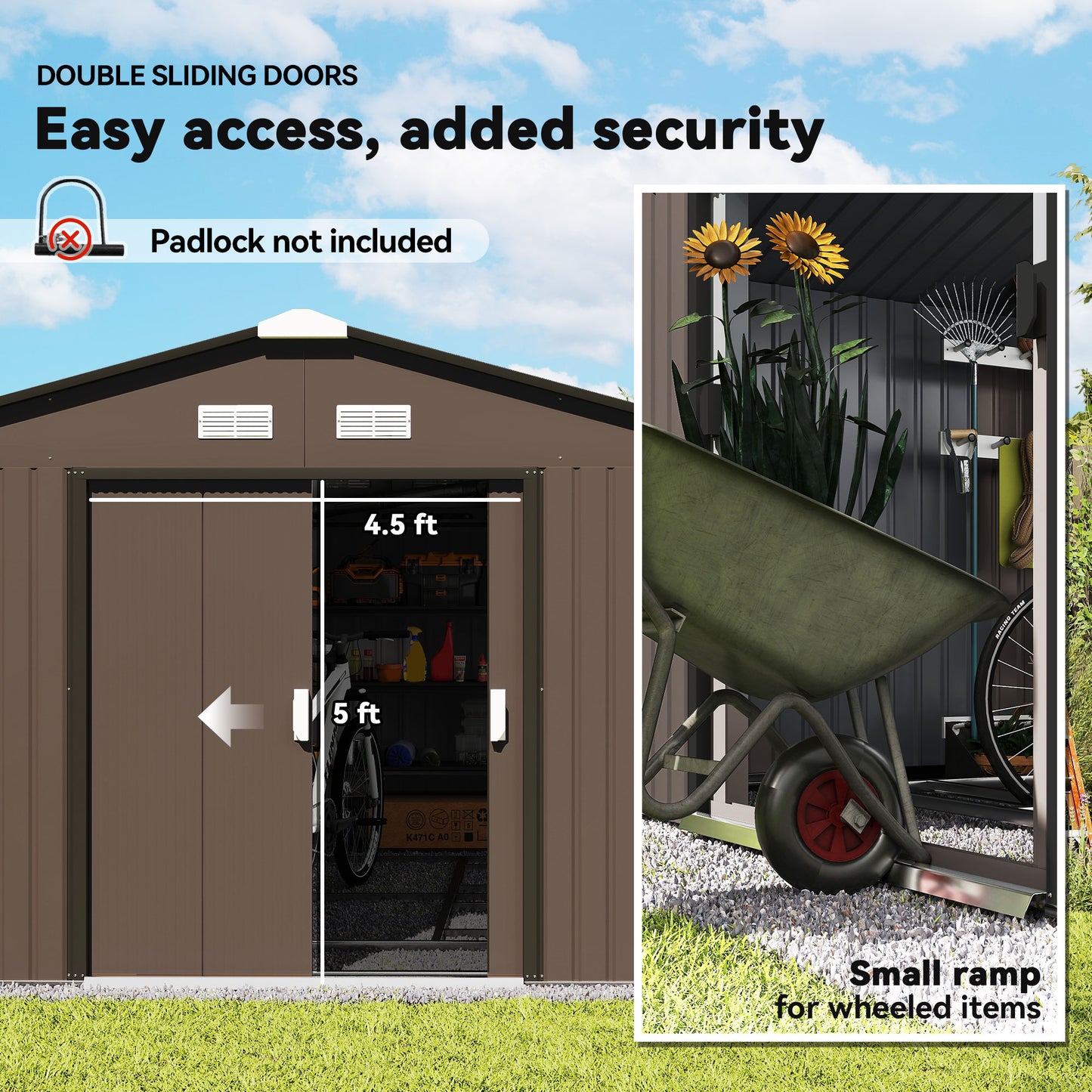 Garden Metal Shed, Storage Shed Utility Storage with Double Locking Doors for Bike, Yard Tools, Brown