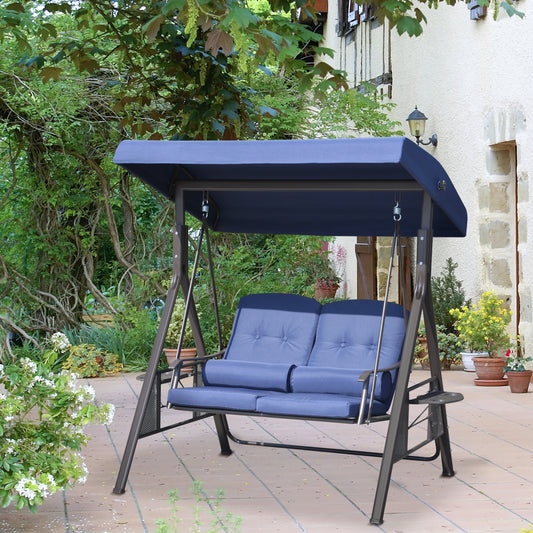 2-Person Patio Swing Bench With Adjustable Shade Canopy, Soft Cushions, Throw Pillows And Tray, Dark Blue