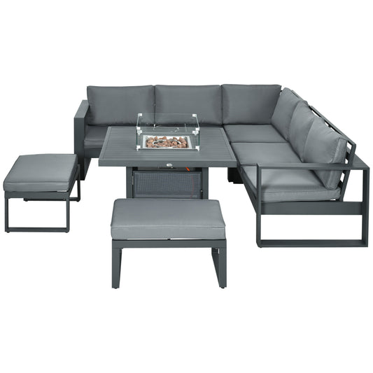 6-Piece Aluminium Garden Furniture Set With Fire Pit Table, Outdoor Dining Sofa Set With Cushions, Loveseats And Footstools, Sectional Corner Conservatory Furniture For Patio, Grey