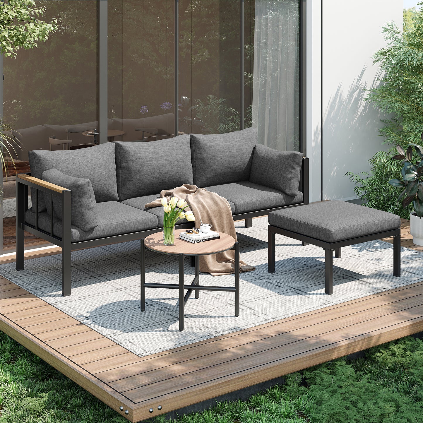 Garden Furniture Set, Corner Set, Sofa  Coffee Table  Footstool, Galvanized Steel Tube, Glass Table Top, Suitable For Gardens, Swimming Pools And Other Outdoor Areas, Grey