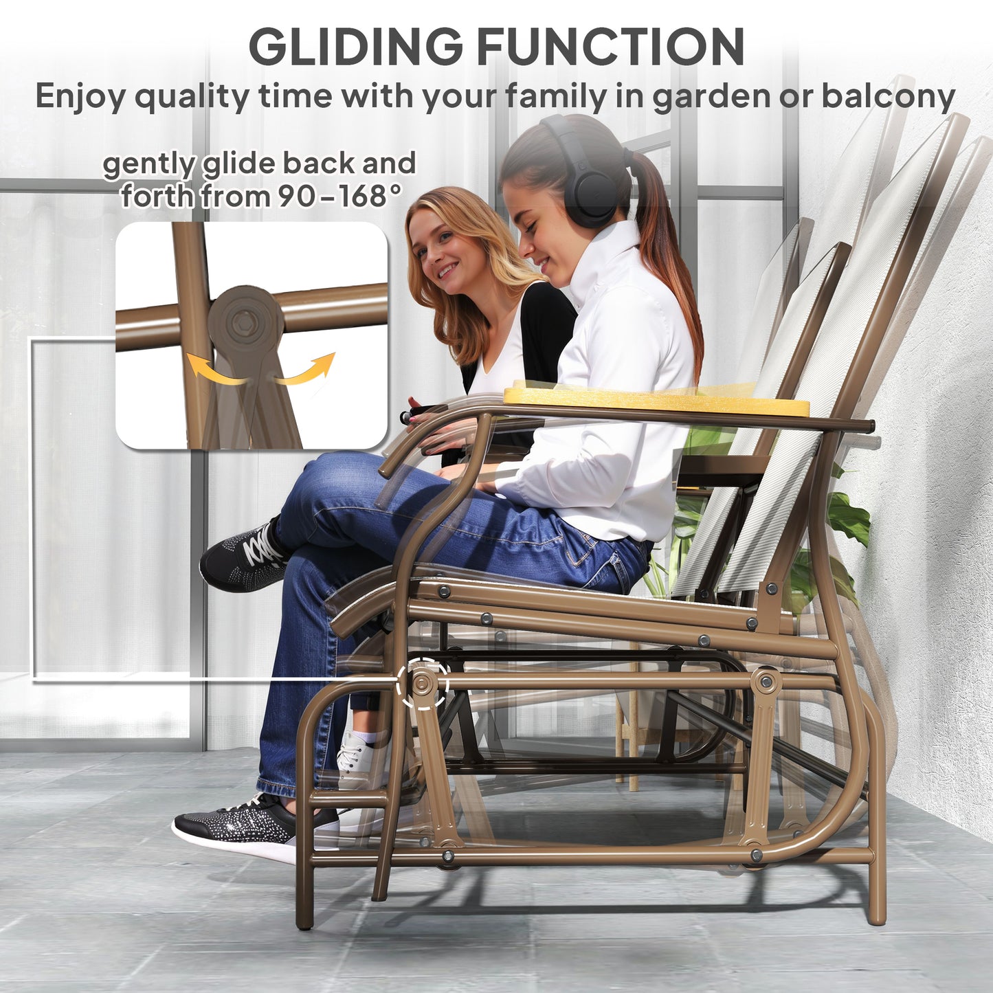 Outdoor 2-Person Glider Bench, Outside Glider Swing Chair Loveseat With Table, Steel Frame, Cream White