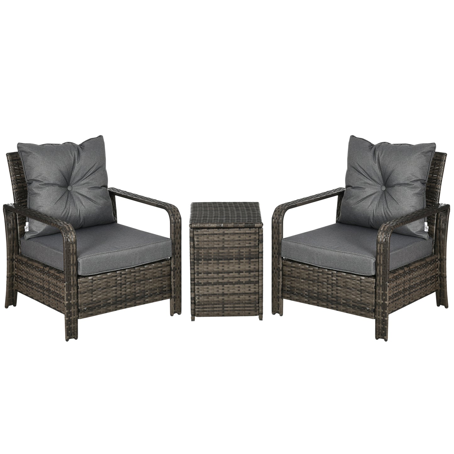3 Pieces Rattan Bistro Set, Wicker Garden Furniture Set With Storage Coffee Table And Chairs, Thickened Cushions For Outdoor, Patio, Balcony, Grey