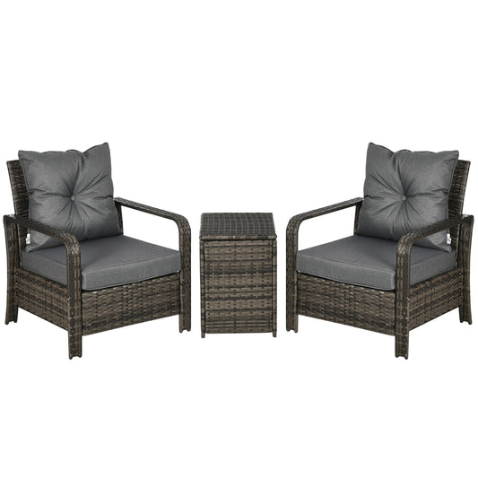 3 Pieces Rattan Bistro Set, Wicker Garden Furniture Set With Storage Coffee Table And Chairs, Thickened Cushions For Outdoor, Patio, Balcony, Grey