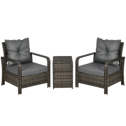 3 Pieces Rattan Bistro Set, Wicker Garden Furniture Set With Storage Coffee Table And Chairs, Thickened Cushions For Outdoor, Patio, Balcony, Grey
