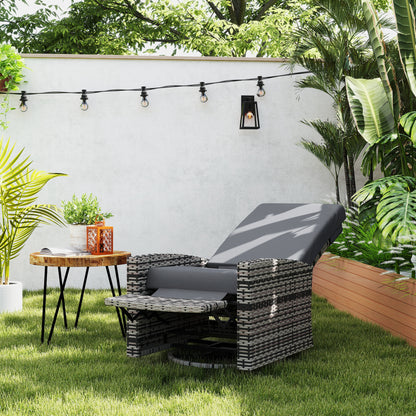 Outdoor Wicker Swivel Recliner Chair, Lifting Footrest, 360 Rotating Basic, Water-resistant Cushions, Gray
