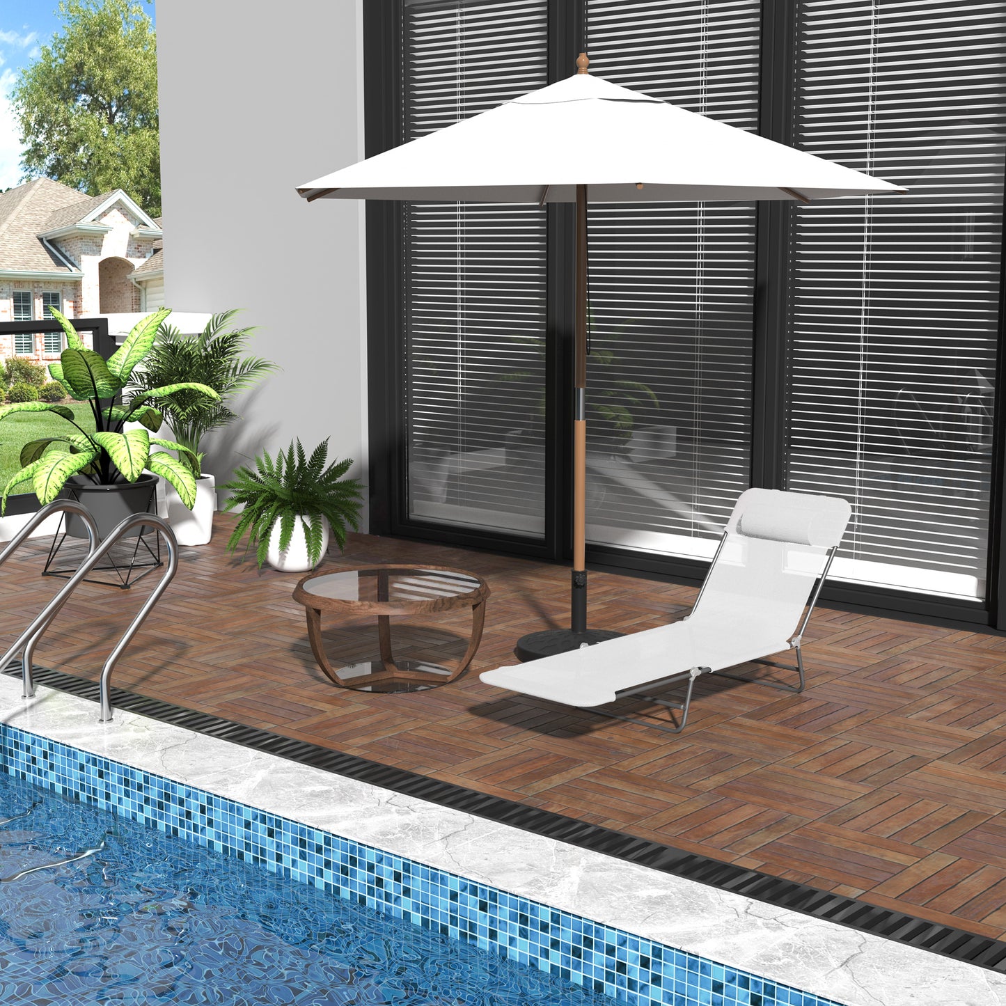 Folding Chaise Lounge Chair, Cream White, 5-Level Adjustable With Headrest, Breathable Mesh For Beach & Patio