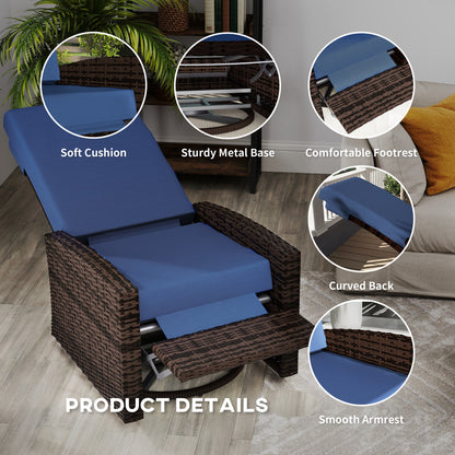 Outdoor Wicker Swivel Recliner Chair, Lifting Footrest, 360 Rotating Basic, Water-resistant Cushions, Dark Blue
