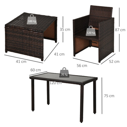 2 Seater Rattan Cube Garden Furniture Set, Rattan Dining Set With Cushions, Outdoor Dining Table And Chairs With 2 Armchairs, 2 Stools, Rectangular Glass Top Table For Patio, Balcony, Brown