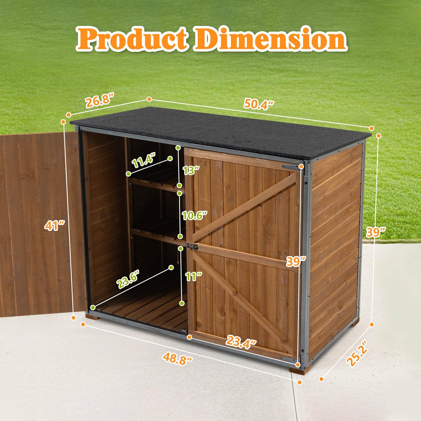 Outdoor Storage Cabinet 50.4L X 26.8W X 41H Ft Garden Shed Tool Shed With Metal Frame Structure For Garden Patio Lawn Brown