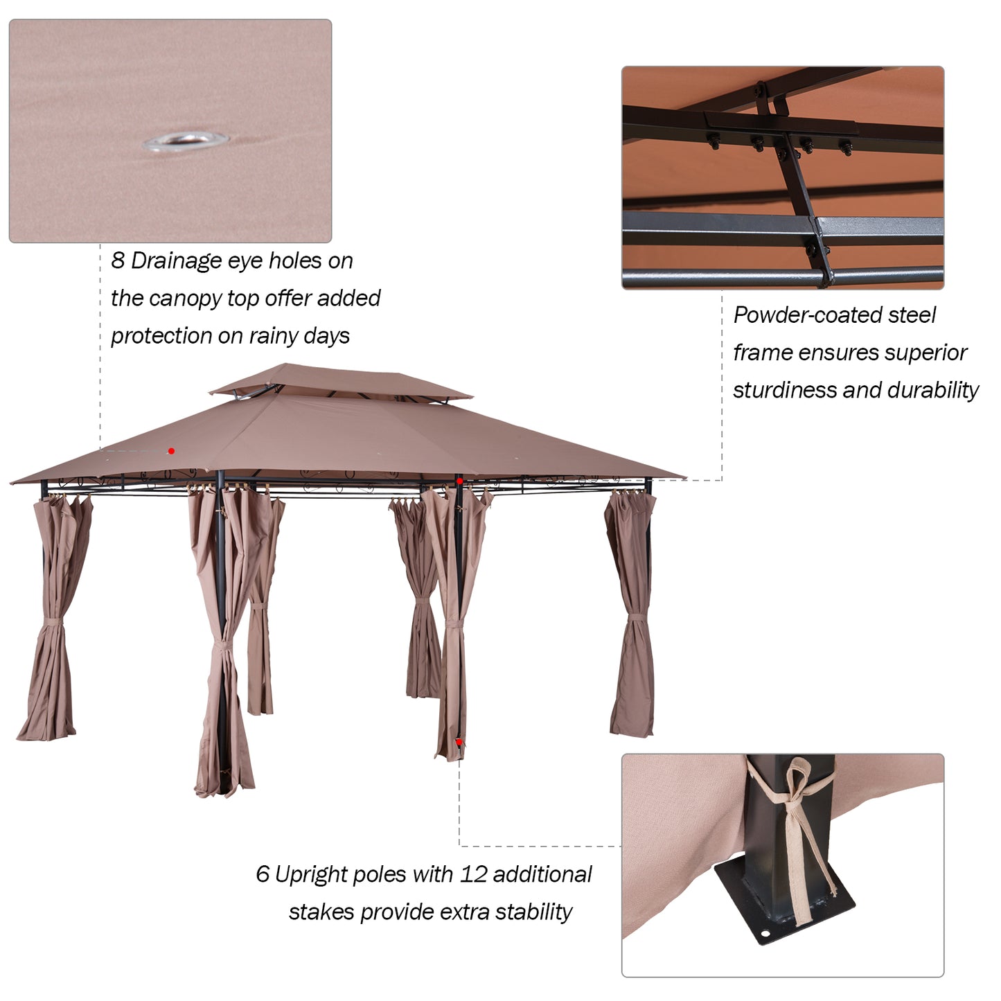 Gazebo 10x13 Khaki With Curtains Vented Roof And Steel Frame For Outdoor Use
