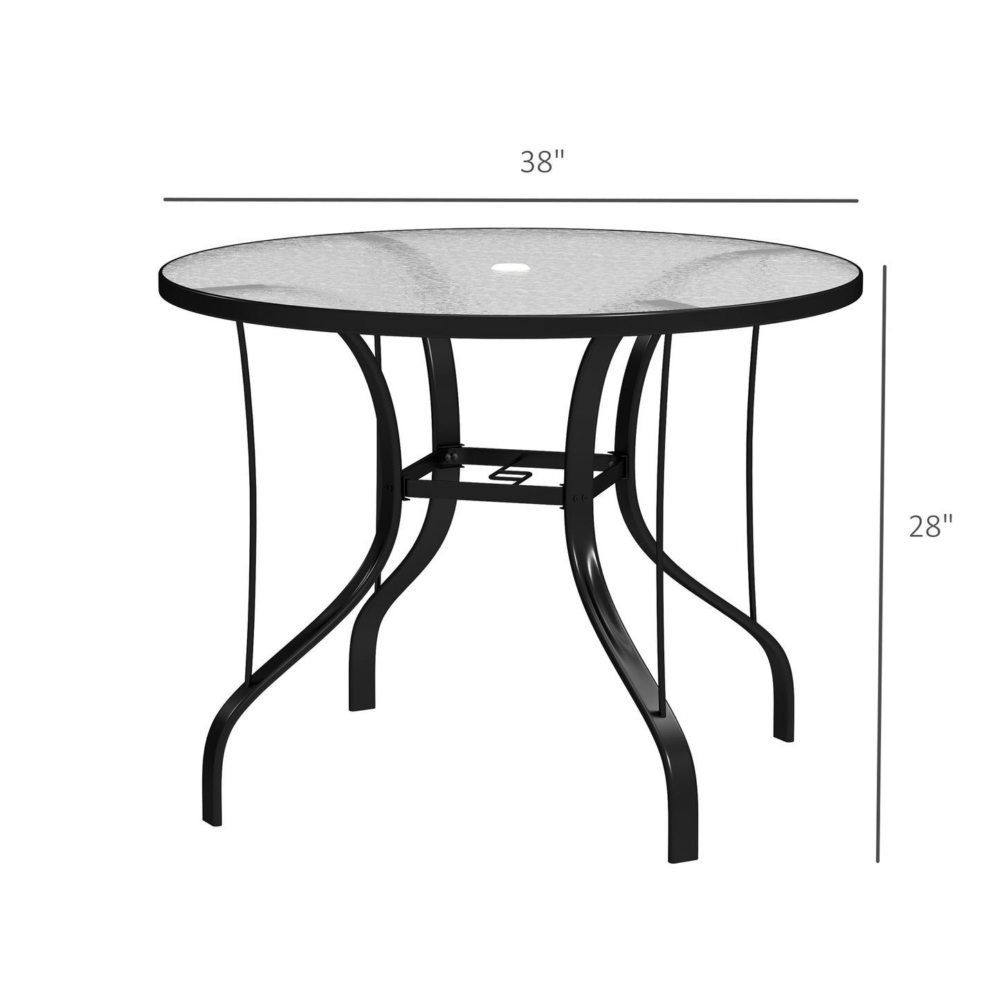 38 Round Patio Table With Umbrella Hole, Tempered Glass Outdoor Dining Table, Black