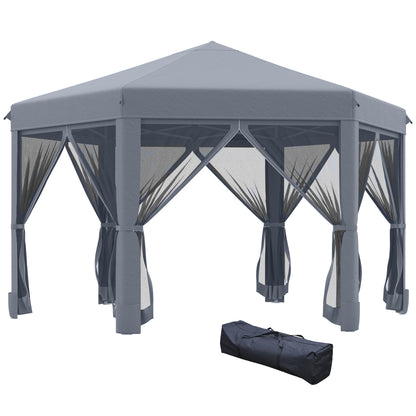 3.8m X 3.2m Pop Up Gazebo Hexagonal Canopy Tent Outdoor Sun Protection With 6 Mesh Sidewalls, Hand Bag, Grey
