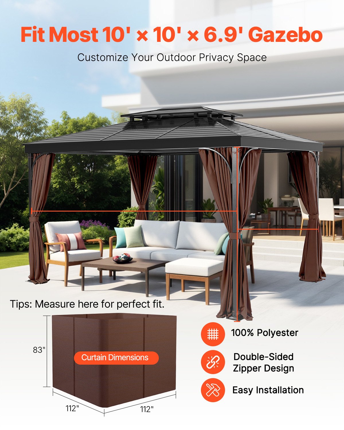 Gazebo Curtains Outdoor, Fit Most 10' X 10' X 6.9' Gazebos, 4-Panel Sidewall Gazebo Privacy Curtains With Zippers, Outdoor Curtain Replacement For Patio Canopy, Only Curtain, Coffee