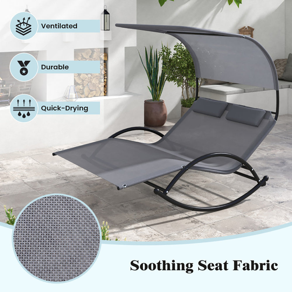 Outdoor Dual Rocker Sunbed 2-Person Canopied Patio Lounger With Detachable Headrests