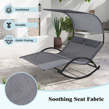 Outdoor Dual Rocker Sunbed 2-Person Canopied Patio Lounger With Detachable Headrests