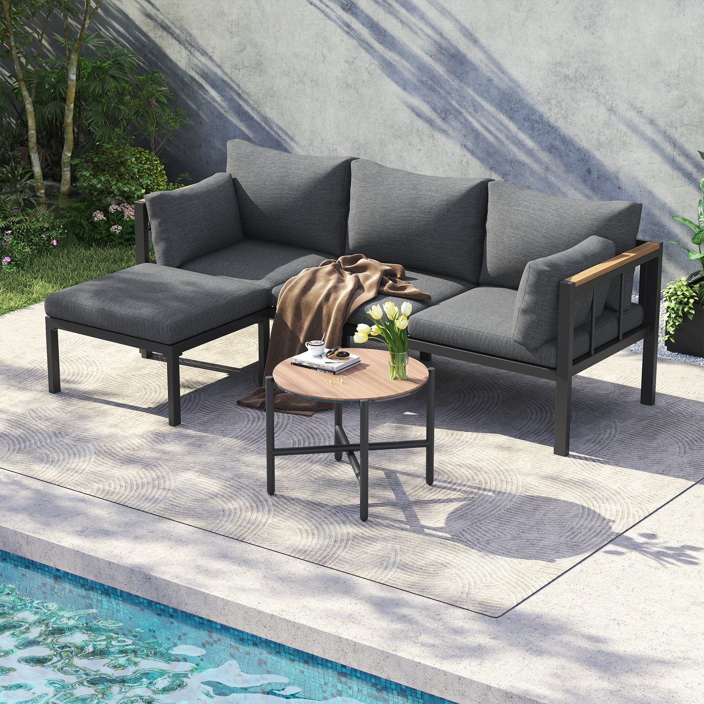 Garden Furniture Set, Corner Set, Sofa  Coffee Table  Footstool, Galvanized Steel Tube, Glass Table Top, Suitable For Gardens, Swimming Pools And Other Outdoor Areas, Grey