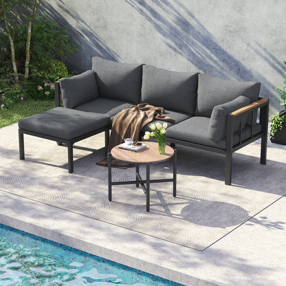 Garden Furniture Set, Corner Set, Sofa  Coffee Table  Footstool, Galvanized Steel Tube, Glass Table Top, Suitable For Gardens, Swimming Pools And Other Outdoor Areas, Grey