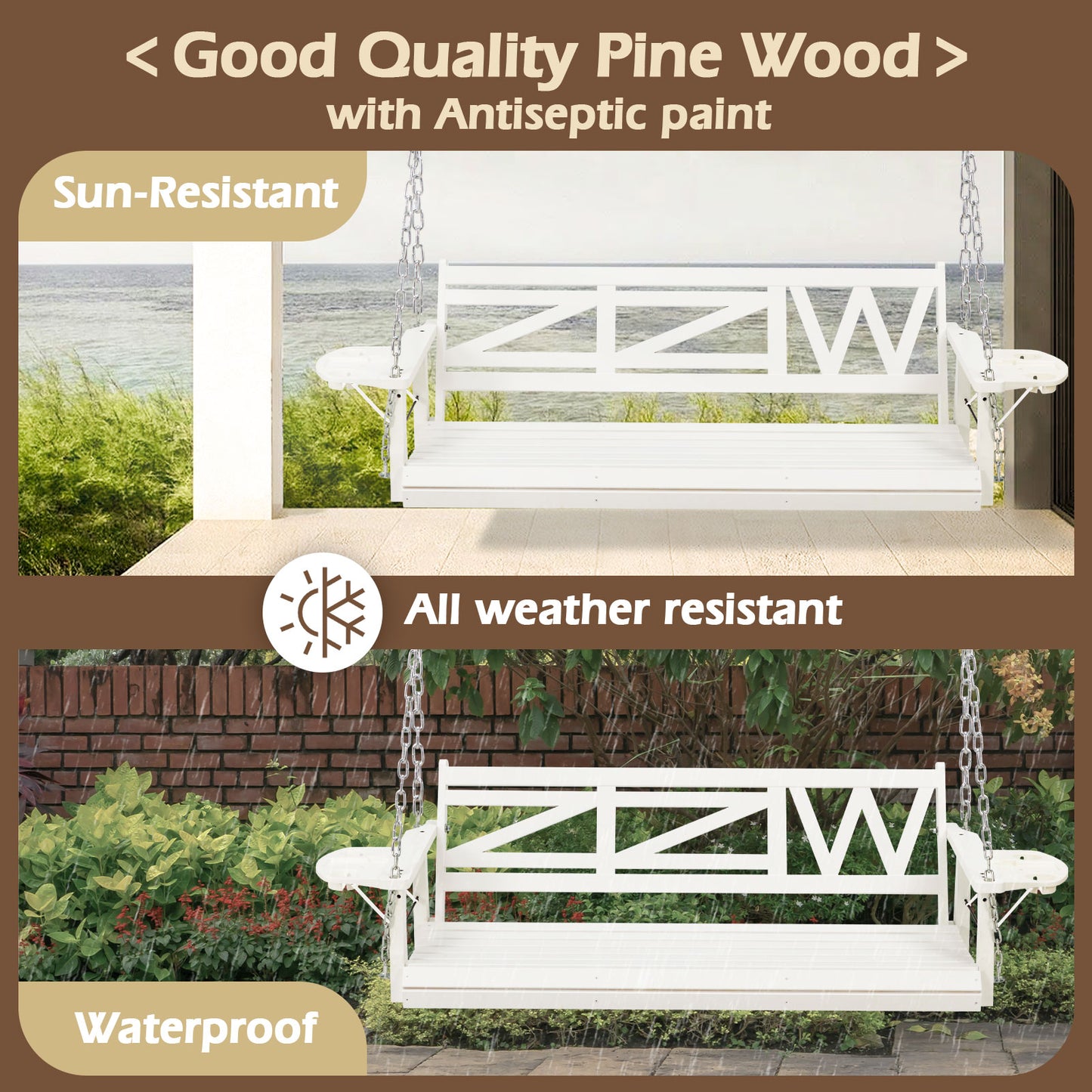 Wooden Outdoor Porch Swing With 3-seat