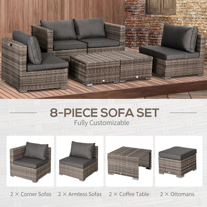 8 Pieces Rattan Garden Furniture Set, Garden Corner Sofa Set With 4 Chairs, 2 Footstools, 2 Coffee Tables And Cushions, Space-Saving Design, No Assembly Required, Grey