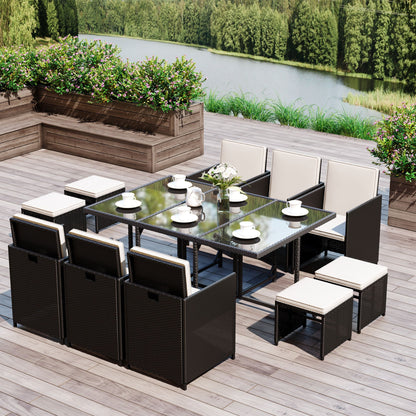Rattan Dining Set Garden Furniture Patio Set 11 PC With Cushion Black /Milk White