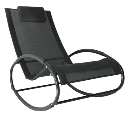 Patio Rocking Chair, Outdoor Chaise Lounger With Headrest Pillow And Breathable Fabric For Backyard, Living Room, Deck And Poolside, Black