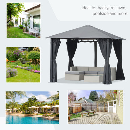 10'x10' Covered Gazebo, Outdoor Patio Gazebo With Mesh Sidewalls And Privacy Curtains, Canopy Pergolas In Black