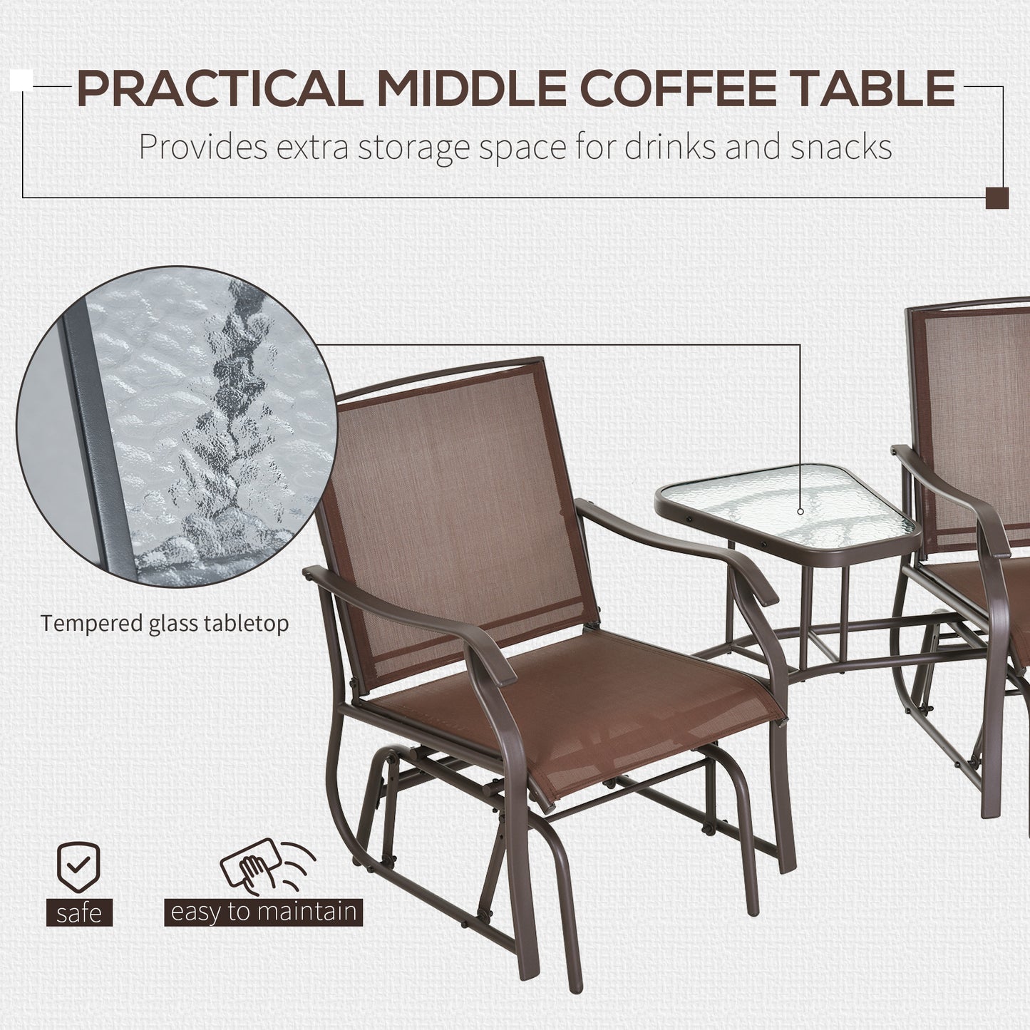 2-Seat Outdoor Glider Swing, Double Independent Rocker Chair, With Center Coffee Table, Breathable Sling Fabric, Coffee Brown
