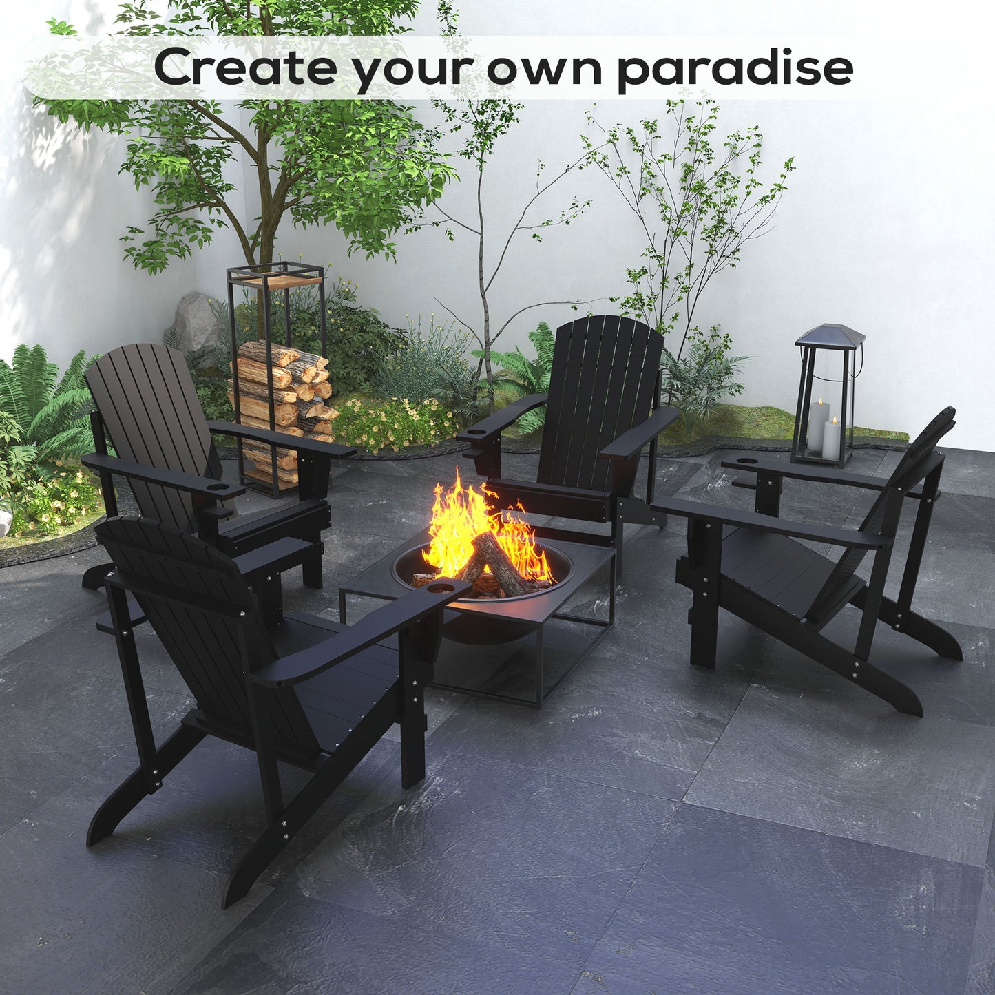 Modern Adirondack Chair With Cupholder Supports 330 Lbs For Patio Garden Lawn Black