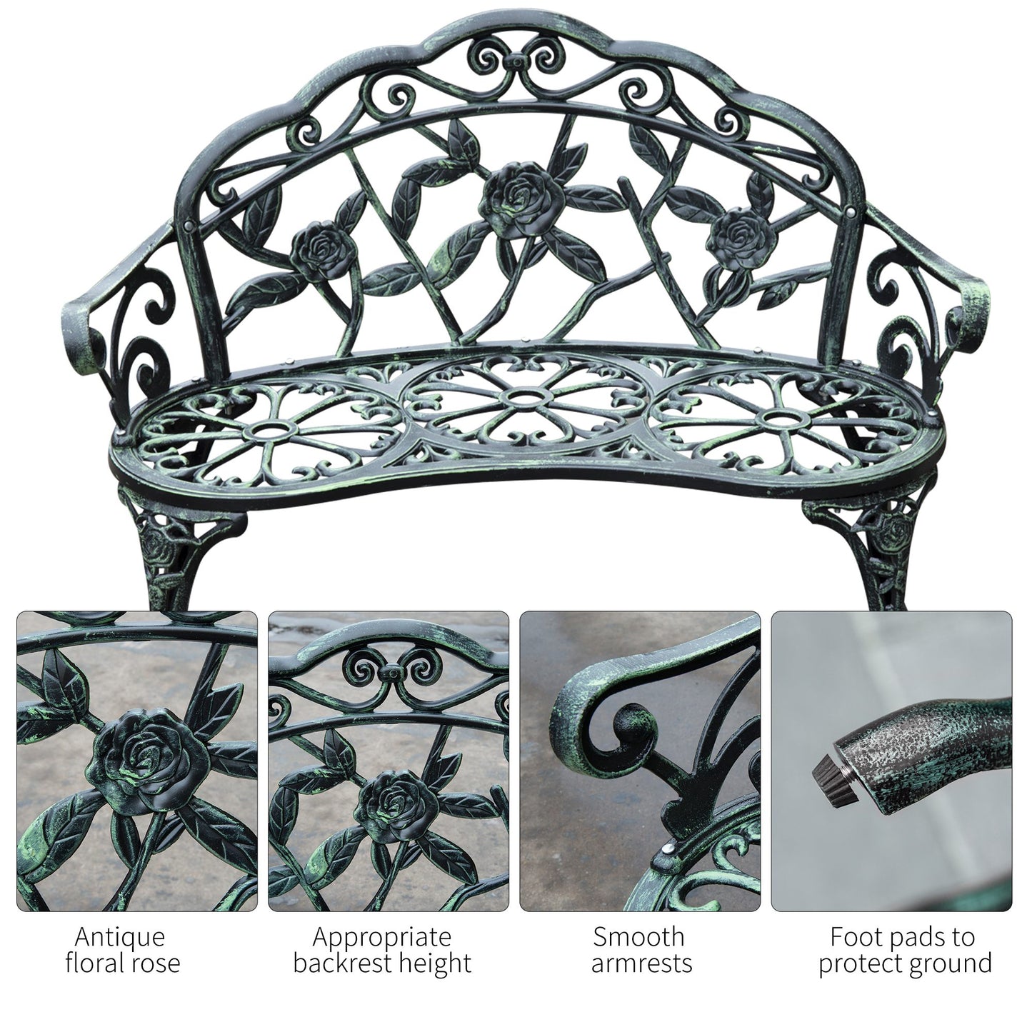 Outdoor Bench, Cast Aluminum Outdoor Furniture, Metal Bench With Floral Rose Accent & Antique Finish, Green
