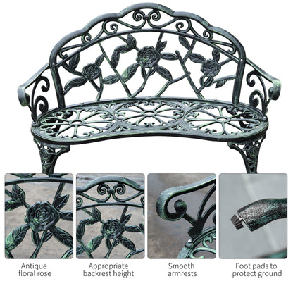 Outdoor Bench, Cast Aluminum Outdoor Furniture, Metal Bench With Floral Rose Accent & Antique Finish, Green