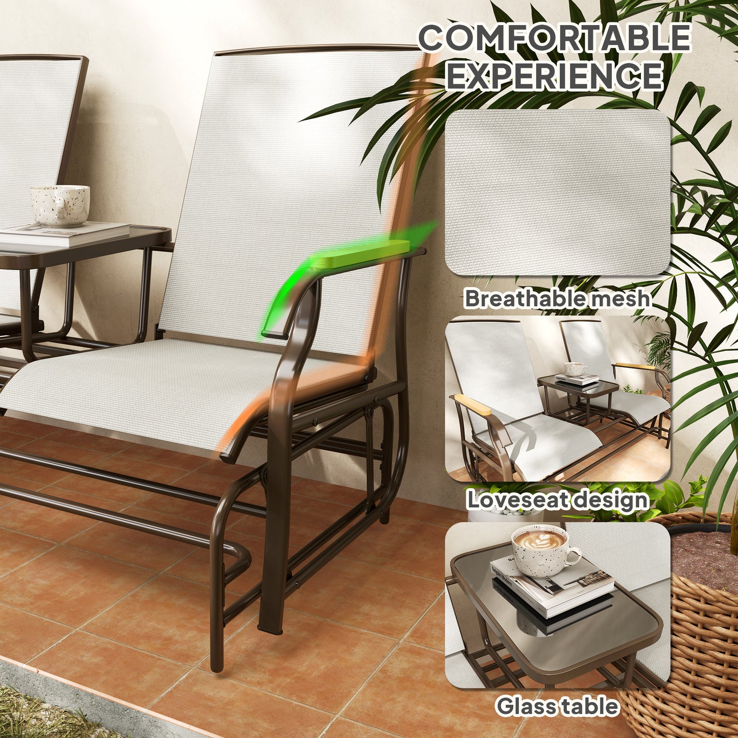Outdoor 2-Person Glider Bench, Outside Glider Swing Chair Loveseat With Table, Steel Frame, Cream White