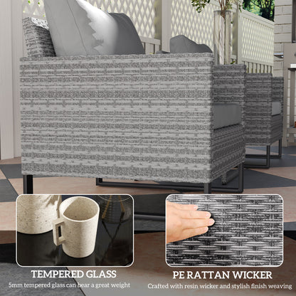 Patio Set, Wicker Bistro Set With Cushions, Rattan Chairs, Glass Coffee Table For Backyard, Porch, Balcony, Gray