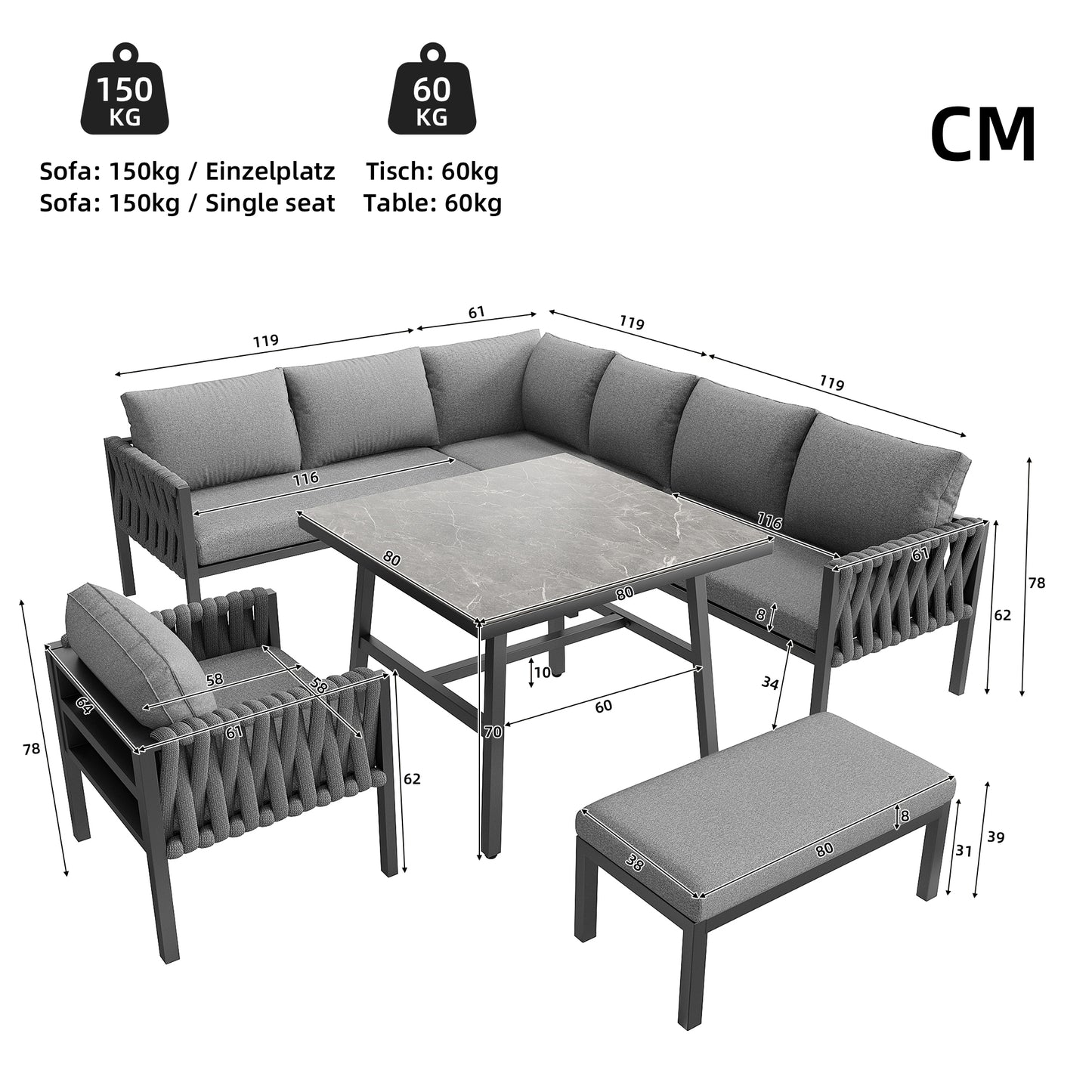 Garden Furniture Set, Rope-weave Outdoor Sofa Set With Galvanized Steel Frame, Adjustable Legs, L-shaped Sofa, Tempered Glass Table Top, Includes All Seat And Back Cushions, Grey