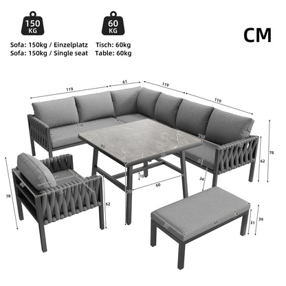 Garden Furniture Set, Rope-weave Outdoor Sofa Set With Galvanized Steel Frame, Adjustable Legs, L-shaped Sofa, Tempered Glass Table Top, Includes All Seat And Back Cushions, Grey