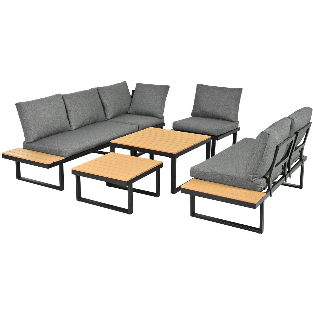 5-6 Seater Garden Lounge Set, Galvanized Iron Frame Outdoor Patio Furniture, 6-Piece Set, Reclining & Adjustable Seating, 2 WPC Tabletop Table Included, Gray Fabric  Black Frame
