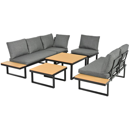 5-6 Seater Garden Lounge Set, Galvanized Iron Frame Outdoor Patio Furniture, 6-Piece Set, Reclining & Adjustable Seating, 2 WPC Tabletop Table Included, Gray Fabric  Black Frame
