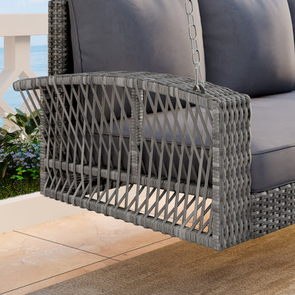 GO 69 PE Wicker 3-Person Porch Swing With Chains, Large Patio Swing Bench With Cushions For Backyard, Garden, And Poolside, Gray69