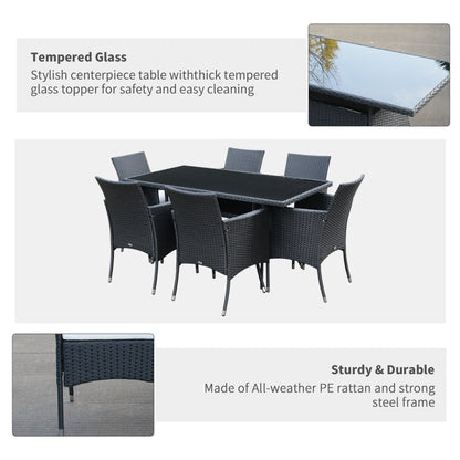 6 Seater Rattan Dining Set With Cushions, Rattan Garden Furniture Set With 6 Armchairs, Rectangular Glass Top Table, Outdoor Dining Table And Chairs, Black