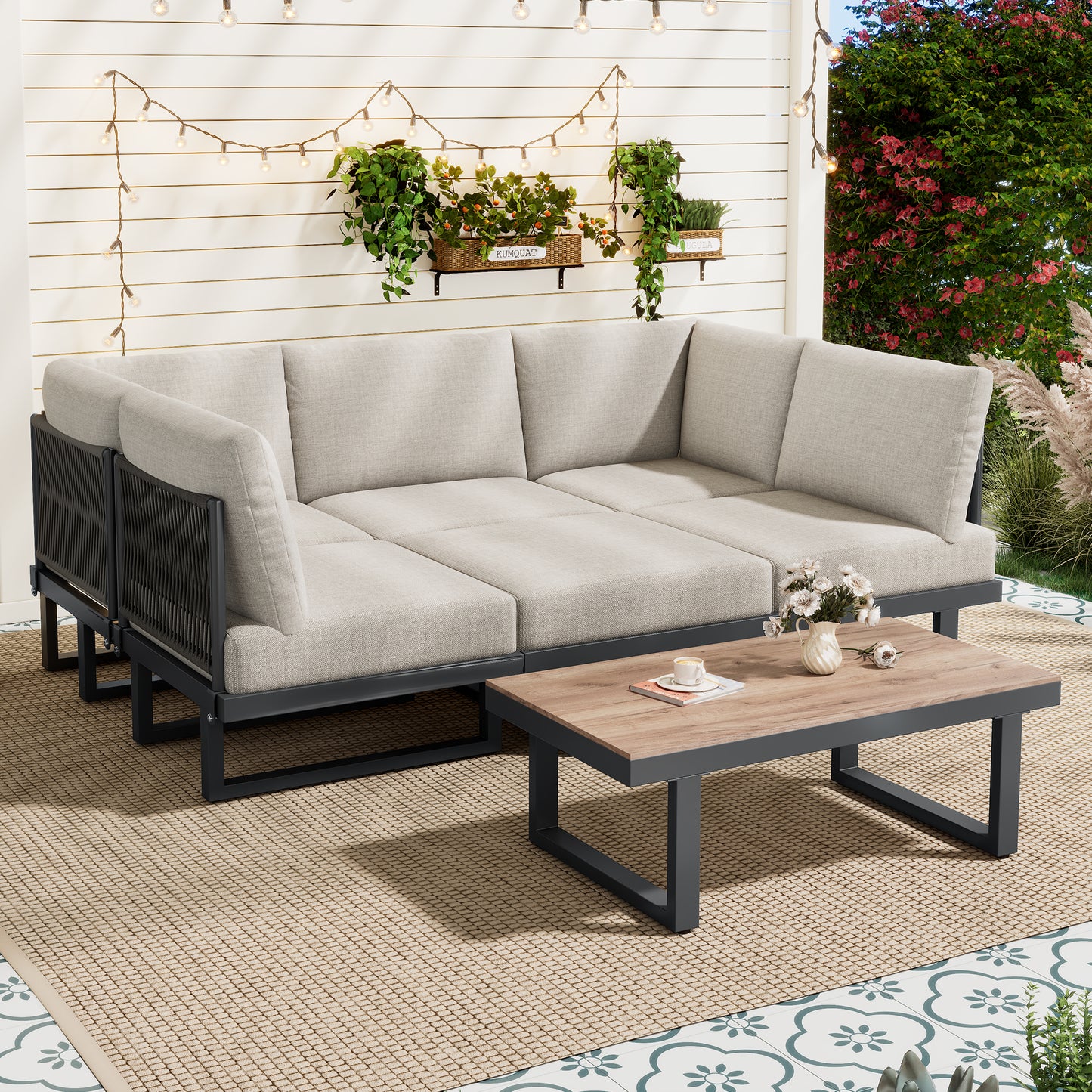 5-6 Seater Modular Garden Relaxation Set, Galvanized Iron Frame Outdoor Patio Furniture, 5-piece Set, Glass Tabletop Table Included, All Chairs And Backrest Cushions, Grey